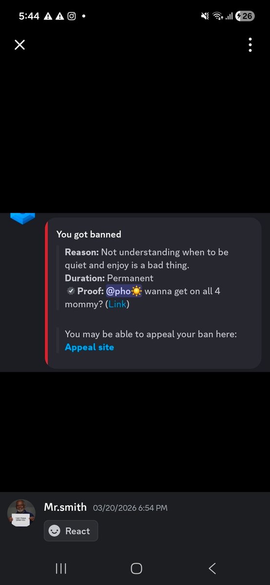 SmithAdam880100's tweet photo. @gooningserver Got banned  for speaking tm and got unbanned but can't join back https://t.co/Ov1fXvEB1Q