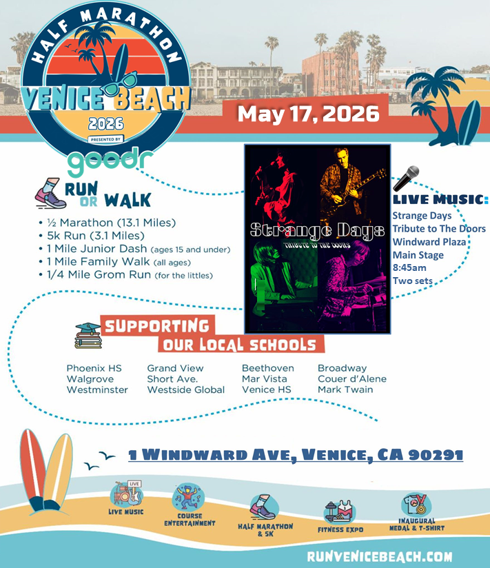 StrangeDaysTrib's tweet photo. Strange Days is very excited to be performing once again in the birthplace of The Doors: Venice Beach, at the Second Annual Venice Beach Half Marathon &amp; 5K on Sunday, May 17th. Our set starts bright and early at 8:45am at Windward Plaza (1 Windward Ave, Venice, CA 90291) CU there https://t.co/dd26KI9wQG