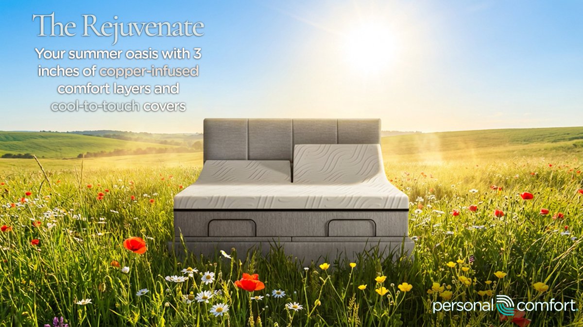 PersonalComfort's tweet photo. Find your summer oasis with The Rejuvenate, now $1200 off for Memorial Day! Enjoy cool, comfortable nights with copper-infused layers and a cool-to-the-touch cover, perfect for personalized comfort. https://t.co/fZQ4nvk5WI #bettersleep #memorialdaysale #personalcomfort https://t.co/dqzwewgqKH