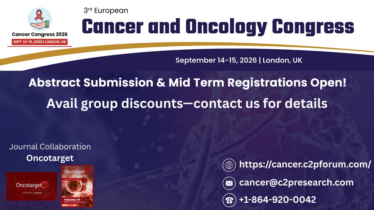 Oncotarget's tweet photo. 📢 Oncotarget is proud to be a media partner of the 3rd European Cancer and Oncology Congress 2026 in London, UK.
📅 September 14–15, 2026
Explore the event ⬇️
https://t.co/F1s6mxfwu2
#Oncology #CancerResearch #CancerConference #MedicalScience #OpenAccess #London https://t.co/xCADuukpAQ