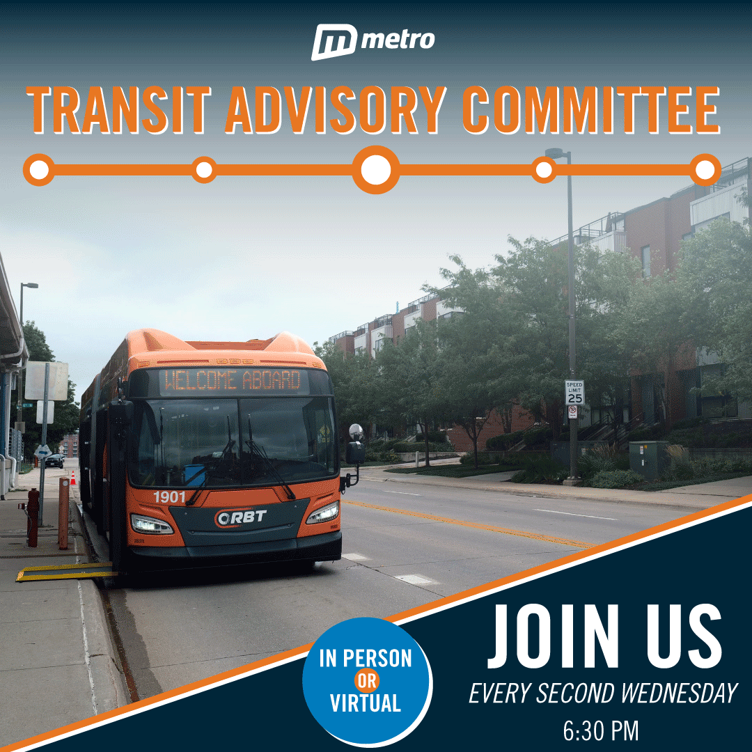 rideORBT's tweet photo. Tomorrow is our monthly Transit Advisory Committee meeting! Join us Wednesday, May 13th at 6:30pm either in-person at Metro Transit's headquarters or via Zoom!
Get the agenda and all the details on how to attend at https://t.co/aEPAzqM55W 🚍 https://t.co/VeNz21k3JN