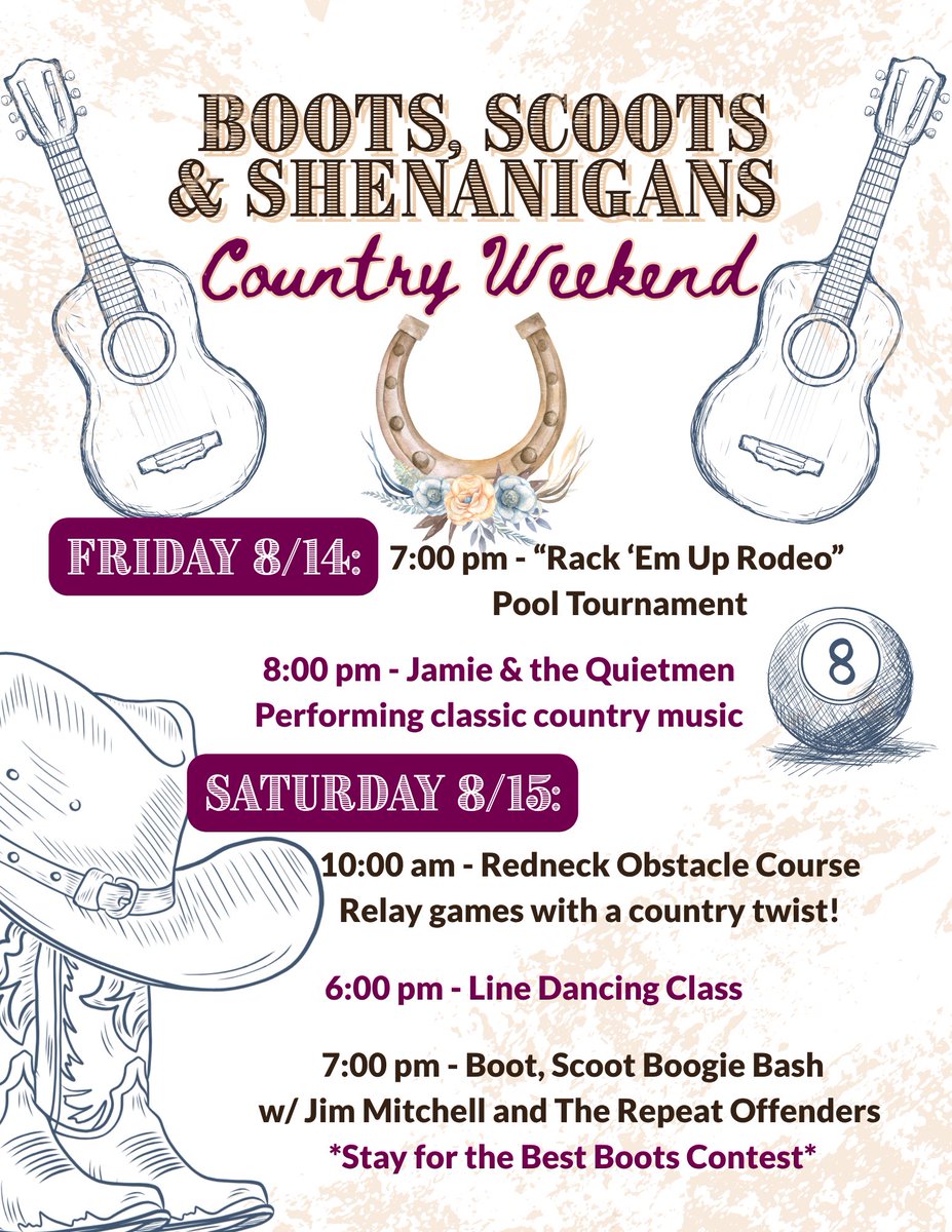 OVResort's tweet photo. A great weekend to plan to be at OVR, don’t miss our country weekend: “Boots, Scoots & Shenanigans”🐴 August 14th - 16th.

Here’s a sneak peek at what we’ve got planned so far!

Call us or reserve a site online if you haven’t yet. This is going to be a popular one 🤠
📞 609-624-1675
🌐 https://t.co/gHWGdZfYXm
