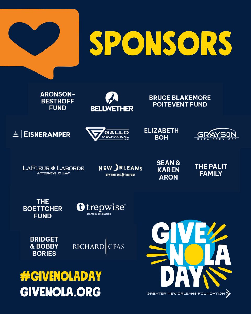 GNOFoundation's tweet photo. 🌟We want to take the opportunity to say thank you to all of our #GiveNOLADay sponsors! 🌟
GiveNOLA Day has become a cornerstone of community spirit and giving, drawing widespread participation and support from individuals, businesses, and civic leaders—and none of that would be possible without our generous sponsors!
The Foundation’s 13th annual GiveNOLA Day generated a record-breaking over $8.2 million in nearly 50,000 donations with over 1,000 participating nonprofits on May 5. GiveNOLA Day 2026 was hosted by Baptist Community Ministries (BCM), powered by Entergy, with major support from Delta Utilities and Ochsner Health, and sponsorships from three dozen other generous philanthropists.
We are proud to have sponsors that believe in the power of community and of GiveNOLA Day. 💙
Want to sponsor GiveNOLA Day 2027? Visit https://t.co/nwOCrrsvwb to learn more.
#GiveNOLADay #GreaterNewOrleansFoundation #CommunityImpact