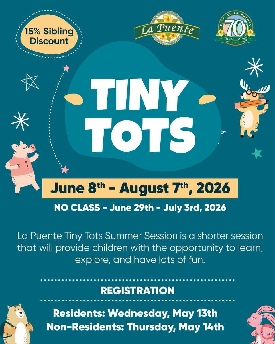CityofLaPuente's tweet photo. 🌞🎨 Tiny Tots Summer Sessions!
Learning, creativity &amp; fun for little ones all summer long. ✨

📅 Jun 8–Aug 7
📝 Reg opens May 13 (residents)

👶 Ages 3–5 | 📍 LP Community Center
📞 (626) 855-1560

#LaPuente #TinyTots #SummerPrograms #Community https://t.co/oyCYT00xOf