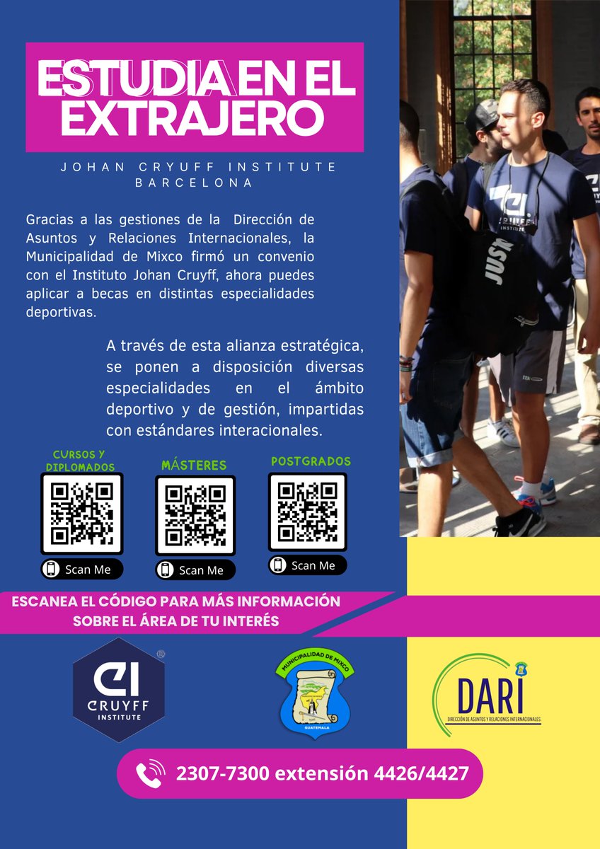 DariMixco's tweet photo. ¡La DARI trae nuevas oportunidades para Mixco!
Se firmó un importante convenio entre la Municipalidad de Mixco y el  Johan Cruyff Institute, el cual  permitirá brindar becas en programas enfocados al deporte, impulsando la formación y el crecimieto profesional de nuestros vecinos https://t.co/dThlZxdvh5