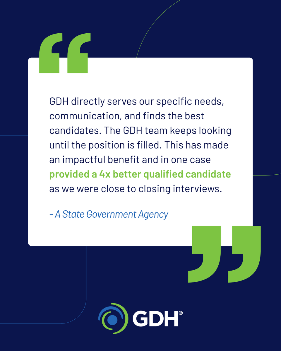 gdhinc's tweet photo. 🎯 This feedback from a state government agency highlights how our team stays engaged, communicates clearly, and keeps searching until the right talent is found, delivering measurable impact along the way.

Ready to partner with GDH? ---> https://t.co/XP52Bfaolg https://t.co/W6ZXPvhtnY
