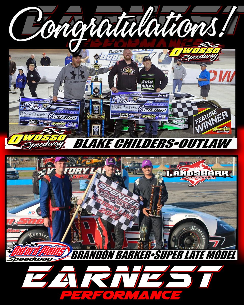 EarnestPerform's tweet photo. 🏁🏁Congratulations🏁🏁

Blake Childers - Owosso Speedway Outlaw Late Model.  
Brandon Barker &amp; Landshark Performance - Official Page of Oxford Plains Speedway Super Late Models.
#earneditwithearnest x JRi Shocks https://t.co/MK1Ajvgcv2