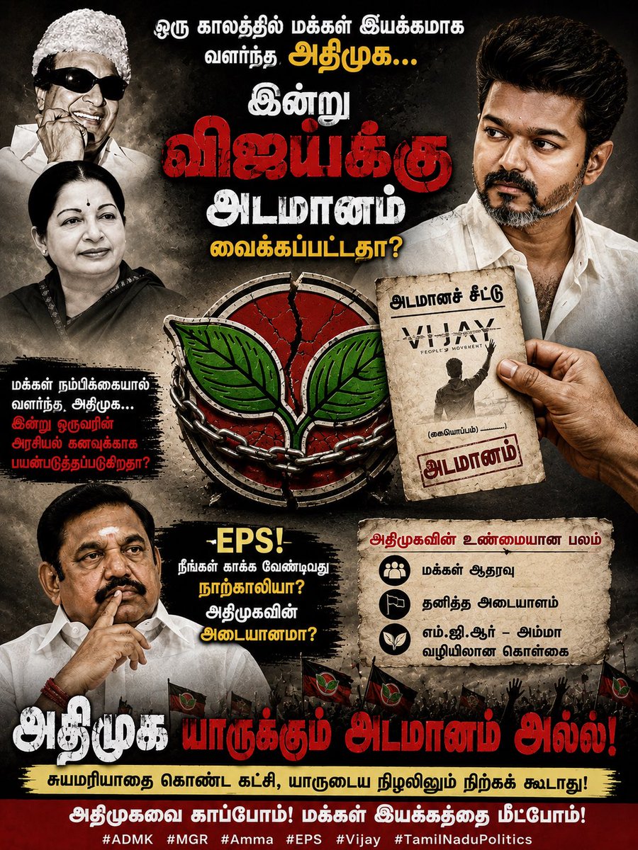 logeswaran_vs's tweet photo. அதிமுகவை மக்கள் இயக்கமா வளர்த்தவர்கள்
எம்.ஜி.ஆரும் அம்மாவும்…

இன்று அந்த அடையாளத்தையே
விஜய்க்கு அடமானம் வைத்த மாதிரி அரசியல் நடக்குது!

சுயமரியாதை கொண்ட கட்சி
யாருடைய நிழலிலும் நிற்கக் கூடாது.

அதிமுகவின் பலம் — தனித்த அடையாளம், மக்கள் நம்பிக்கை.
அதை பாதுகாக்க வேண்டிய நேரம் இது!
@EPSTamilNadu @AIADMKOfficial @AIADMKITWINGOFL 

#westandwitheps #aiadmkepsforever #aiadmkaatchi_makkalaatchi