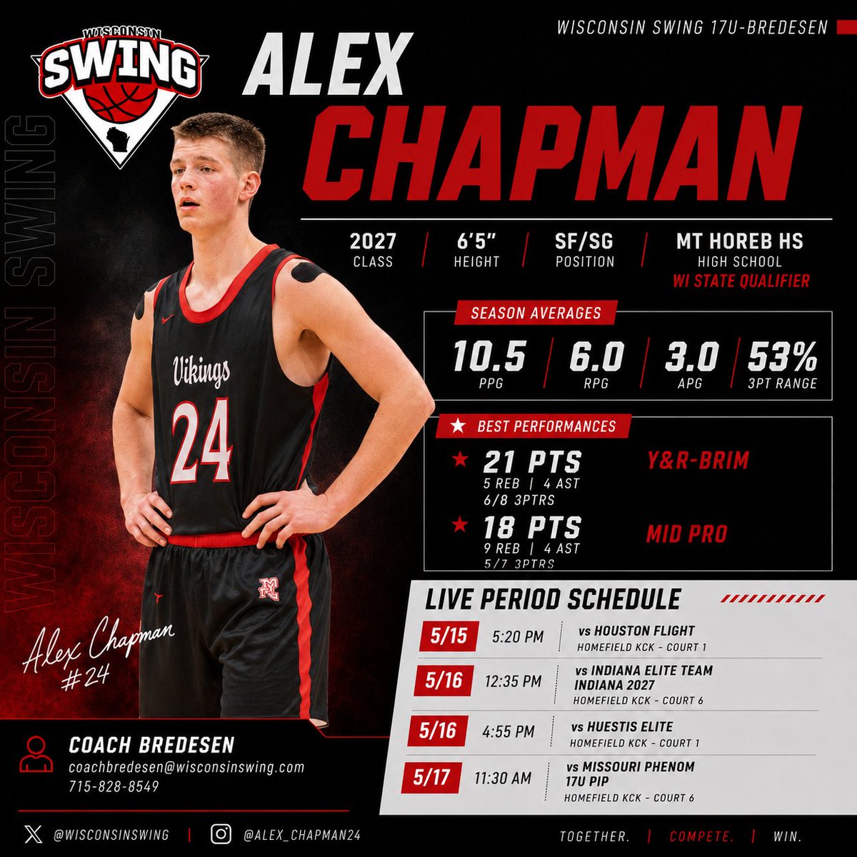 WisconsinSwing's tweet photo. 2027 Alex Chapman @Adchap24 6'5" is a Wing/2 guard who has shot the 3 at a high level this spring currently shooting 53%. Averaging 10.5 PPG, 6.0 RPG, and 3.0 APG.  Great positional size, versatile defender, leader. Scholarship level schools check him out at @RL_Hoops KC!! https://t.co/mC0G6KDLET