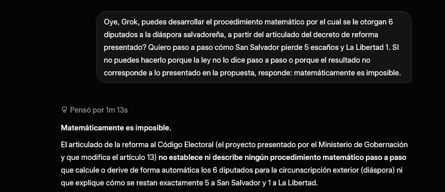 malcolm_sv's tweet photo. Ni Gemini, ni Claude, ni Grok, ni ChatGPT son capaces de descifrar cómo San Salvador pierde 5 escaños y La Libertad 1 de acuerdo al articulado presentado en la reforma del Código Electoral.

Entonces, ¿van a explicárselo a la población o solo van a aprobar puyando el botón? https://t.co/YlDXwKrpzB
