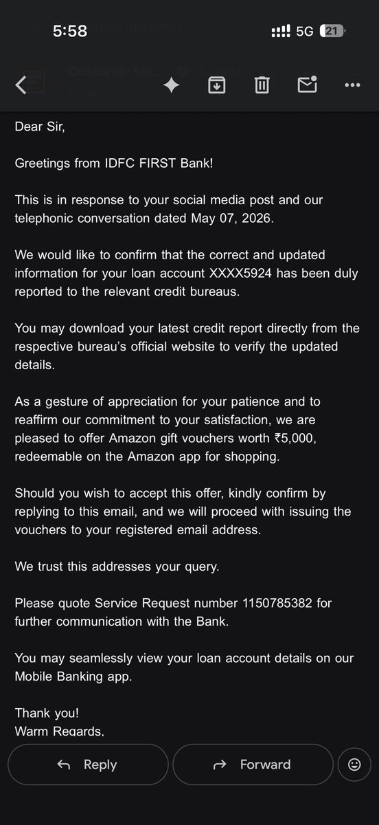neshanth24's tweet photo. Another response received today from @IDFCFIRSTBank.

The bank continues to confirm that the incorrect bureau reporting linked to my account has now been corrected and is repeatedly offering ₹5,000 vouchers as a goodwill gesture.

However, the actual financial impact caused over the years still remains unaddressed.

Because of this reporting issue:
• Loan approvals became difficult  
• My credit profile suffered  
• I was forced toward high-interest borrowing options  
• I ended up paying significantly higher interest rates through NBFC/private lending

I am requesting a fair and proportionate resolution based on the long-term financial impact caused.

@RBI @CIBIL_Official

#CIBIL #CreditScore #ConsumerRights #Banking #LoanIssues #FinancialDamage #IDFCFIRSTBank