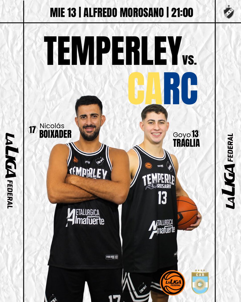 TemperleyClub's tweet photo. #LigaFederal | ¡HOY JUEGA TEMPERLEY! ⚫️⚪️

🏀 En el día de hoy el Negro recibirá por la novena fecha a Rosario Central.

⏰ 21:00h.
🆚 Rosario Central.
🏟️ Alfredo Morosano - Club Atlético Temperley.

🫡 Todos a alentar a nuestros pibes. 

#QueridoClubdemiBarrio🏁 https://t.co/tVQ3Je649G