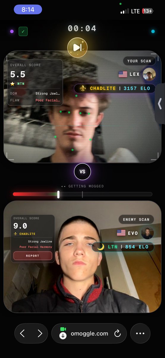 LexAllen7's tweet photo. @omoggle plz fix this smile trick u have an ai plz update it. I’m trying to push top 100 but I can’t because I lose Elo by losing to people who fucking smile. I can hold a 8.9 but wtf is this https://t.co/sGWGCaNINm