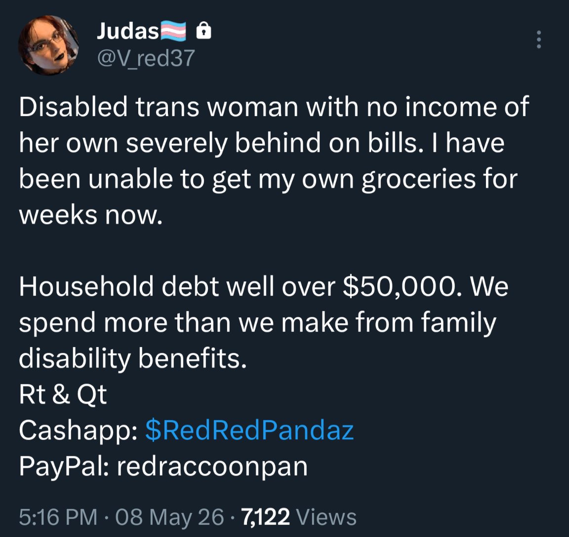 xenomorphporn's tweet photo. please RT!

Judas is a disabled trans woman who needs support with living costs &amp; proper nutrition. the state does NOT give disabled people enough to live &amp; abandons vulnerable people like her in debt. please help!

capp: $RedRedPandaz
PayPal: redraccoonpan https://t.co/xSyjOdCaeS