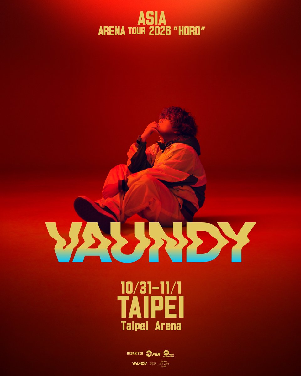 Vaundy_AWS's tweet photo. 📣5/13(水)12:00(現地時間)より
チケット抽選受付スタート!!
━━━━━━━━━━━━━━━━━━
　　　　　　　  𝗩𝗮𝘂𝗻𝗱𝘆 
　　𝗔𝗦𝗜𝗔 𝗔𝗥𝗘𝗡𝗔 𝗧𝗢𝗨𝗥 𝟮𝟬𝟮𝟲 “𝗛𝗢𝗥𝗢”
━━━━━━━━━━━━━━━━━━

6 cities 11 shows !!
TOKYO/SEOUL/HONG KONG/FUKUOKA/TAIPEI/SHANGHAI

#Vaundy
初のアジアアリーナツアー

▫️2026/10/31-11/1
TAIPEI - Taipei Arena

🎫チケットお申し込みはコチラ
https://t.co/iP3VUoUqSn
（受付期間：〜5/17(日)21:00）

#VaundyAsiaTour