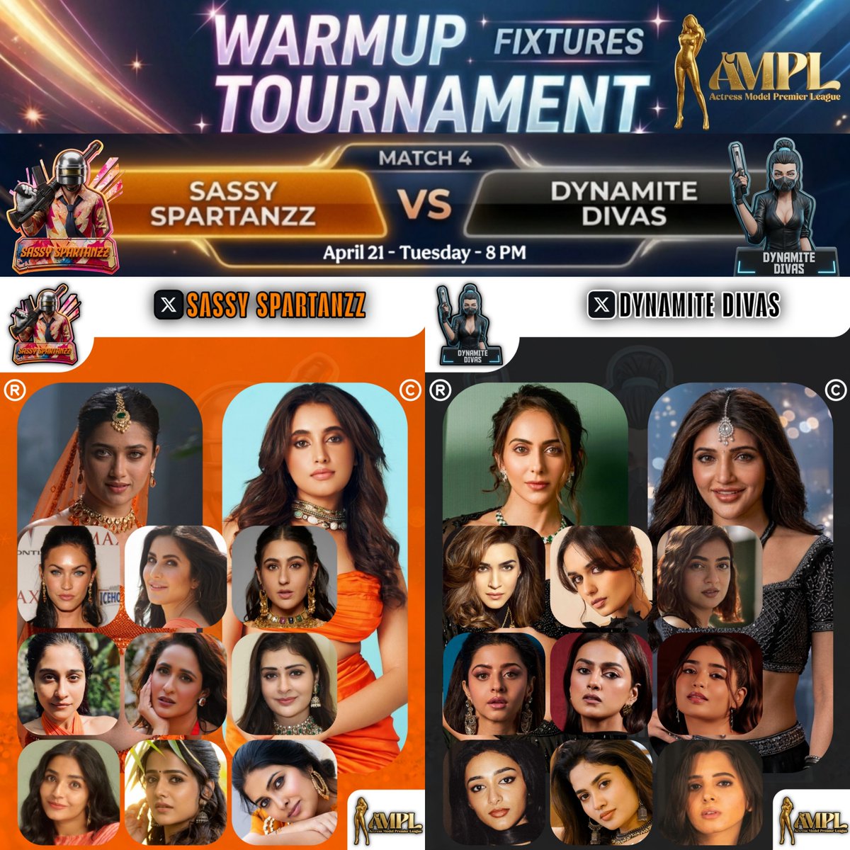 AMPL_Official_'s tweet photo. 𝐀𝐌𝐏𝐋 🏆 𝑺𝒆𝒂𝒔𝒐𝒏 ❷
W A R M - U P 4 ✨
Vote For Your Favourite in Thread 🧵 

Sassy SpartanzZ 🧡 SSZ 
 🆚 
Dynamite Divas 🖤 DD 

#AMPL #ActressModelPremierLeague
#AMPL2 by 
@ActressModels1

Follow 
@AMPL_Official_ https://t.co/HQ1EBDc8pH