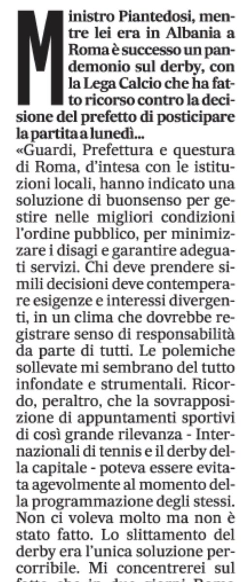 capuanogio's tweet photo. Il ministro dell’Interno #Piantedosi al #Messaggero: sbagliato sovrapporre eventi sportivi di grande interesse, si doveva evitare in sede di programmazione. Lo slittamento del derby unica soluzione. https://t.co/1Nu3jO5Sle