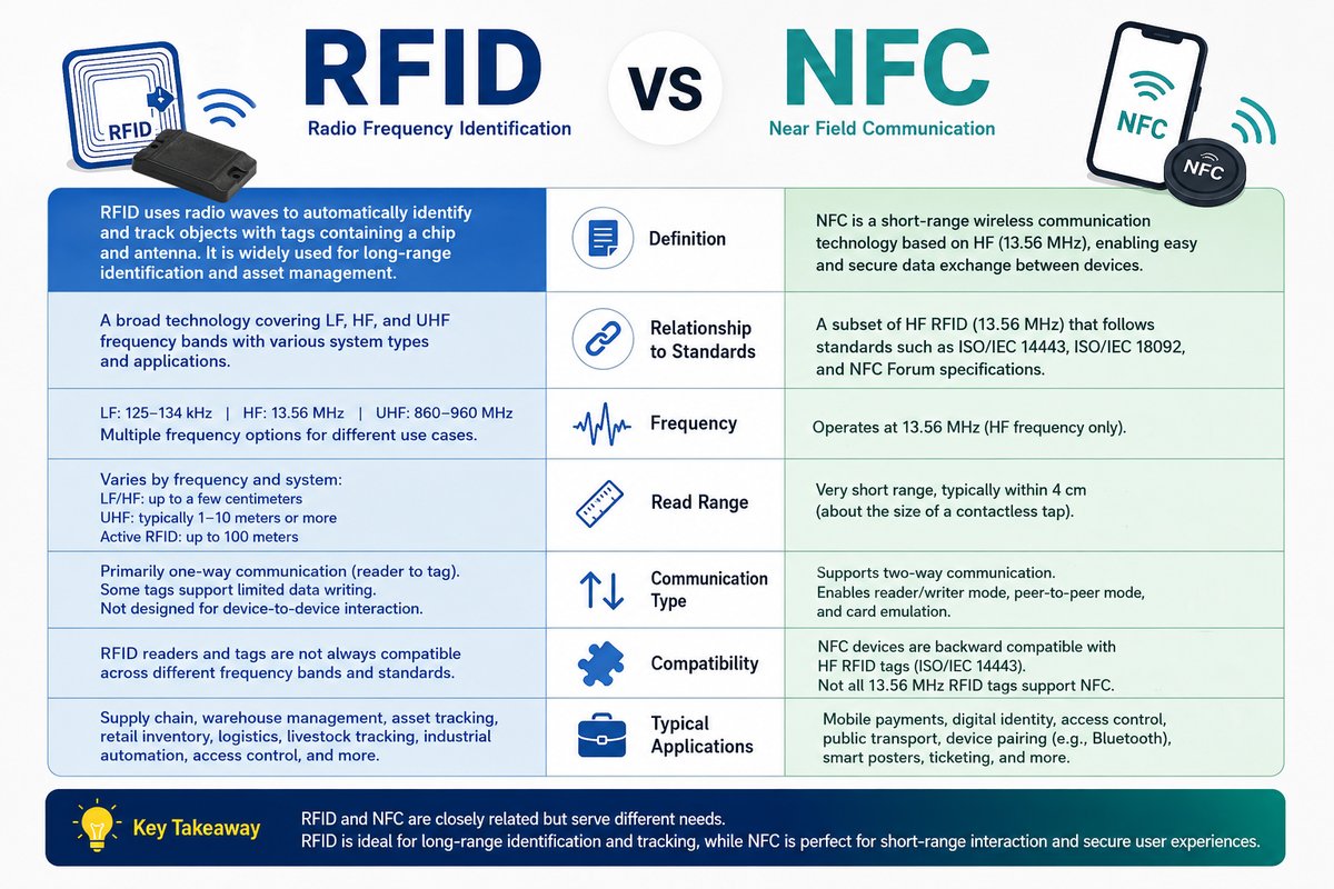 Oppiot's tweet photo. RFID and NFC differ mainly in range and use: RFID enables longer‑distance identification, while NFC focuses on short‑range, secure, two‑way communication.
More info view: https://t.co/wbeCHbhGVm https://t.co/IbZsqFtqJ7