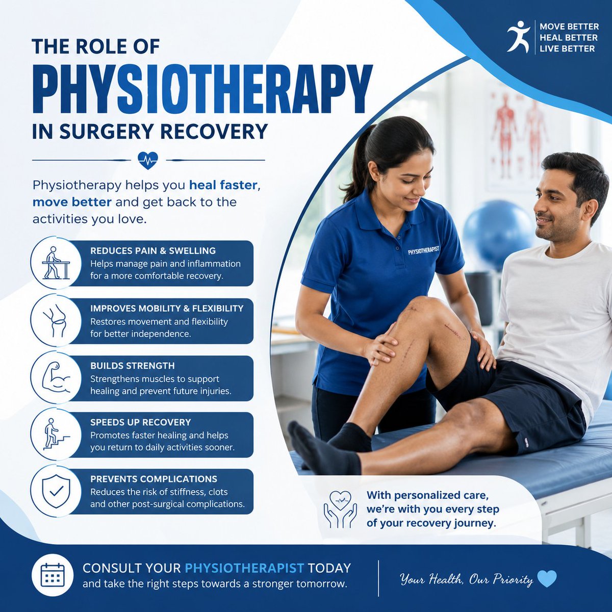 physiotherapy_s's tweet photo. 🏥 Physiotherapy plays a key role in surgery recovery 💪

✔️ Reduces pain &amp; stiffness
✔️ Restores strength &amp; mobility
✔️ Speeds up healing
✔️ Helps return to daily activities faster

#SurgeryRecovery #Physiotherapy #Rehab #Recovery #Ahmedabad https://t.co/YX6LCQ7p95