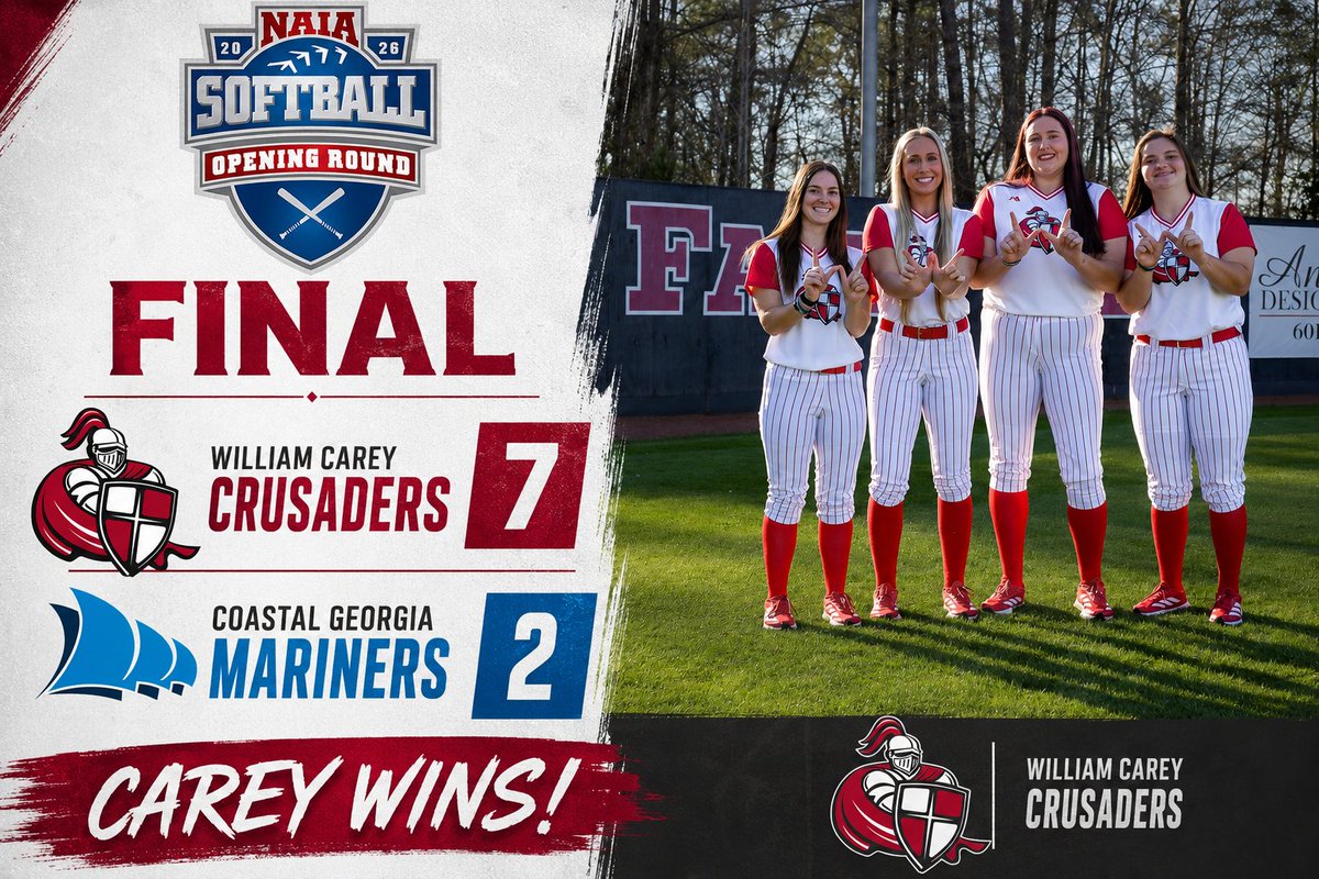 WMCAREYsoftball's tweet photo. William Carey continues to fight with the win over Coastal Georgia! 💪 Play continues tomorrow at 12:00 vs. Georgia Gwinnett! 🛡️🆙  #ArmorUp #ALLIN https://t.co/WvP7phAaxZ