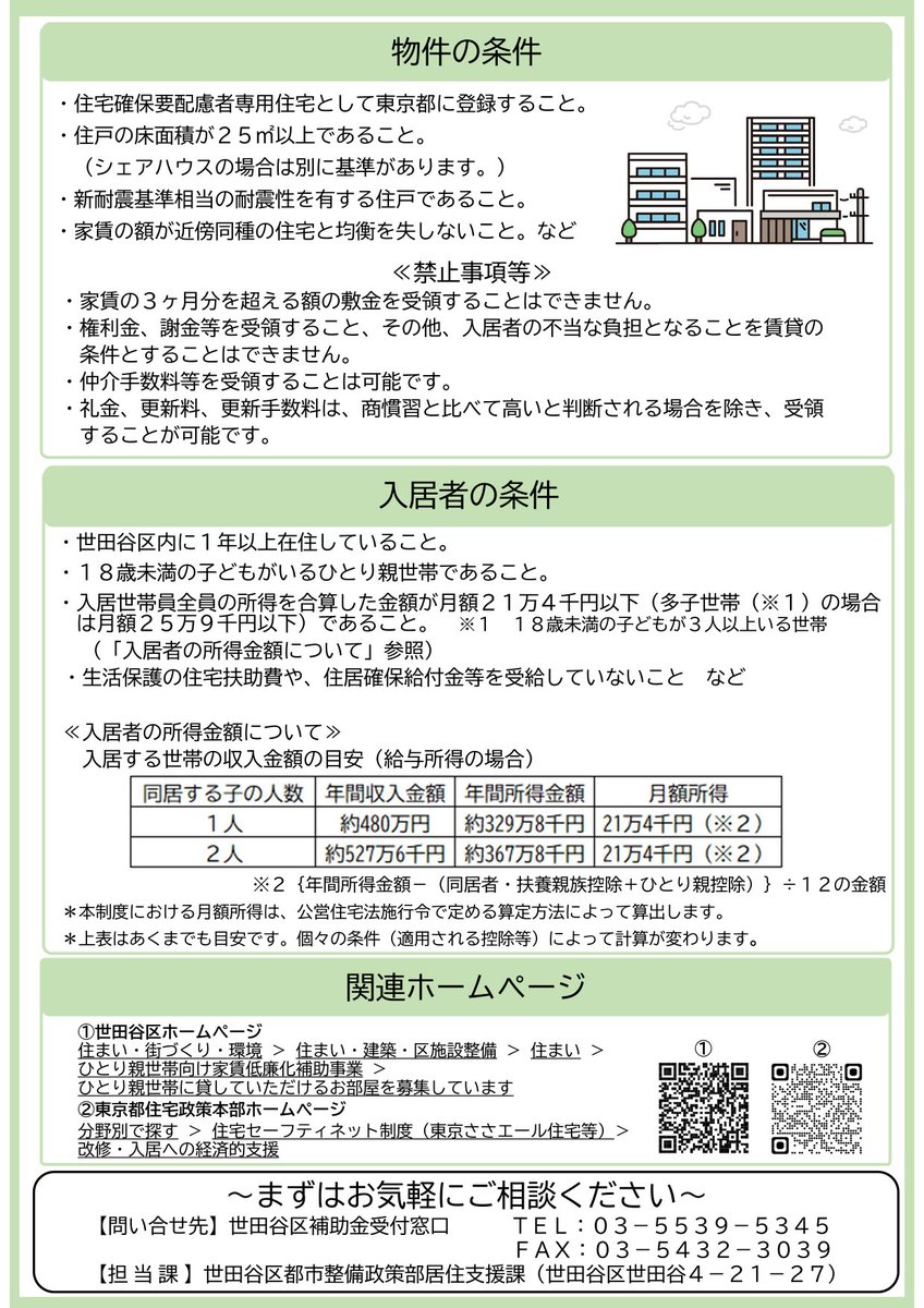 city_setagaya's tweet photo. 賃貸物件オーナーの皆様へ
ひとり親世帯に貸していただけるお部屋を募集しています！ご協力いただいた場合
①区が家賃の一部をお支払いします(月額最大4万円)
②入居時に協力金10万円、入居者募集から決定までの空室期間の家賃相当額(上限有)を交付します
詳細はHPへ #世田谷
https://t.co/9zjrpd9tbv https://t.co/Mq726r7CJU