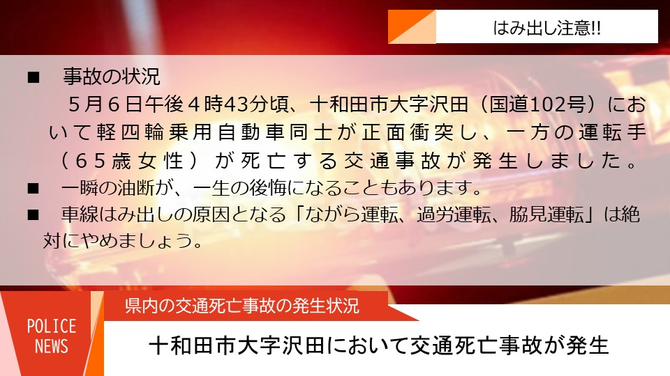 【中古】 交通事故裁定例集（38（令和元年度）） 交通死亡事故発生】 5月6日午後4時43分頃、十和田市沢田の国道102号上