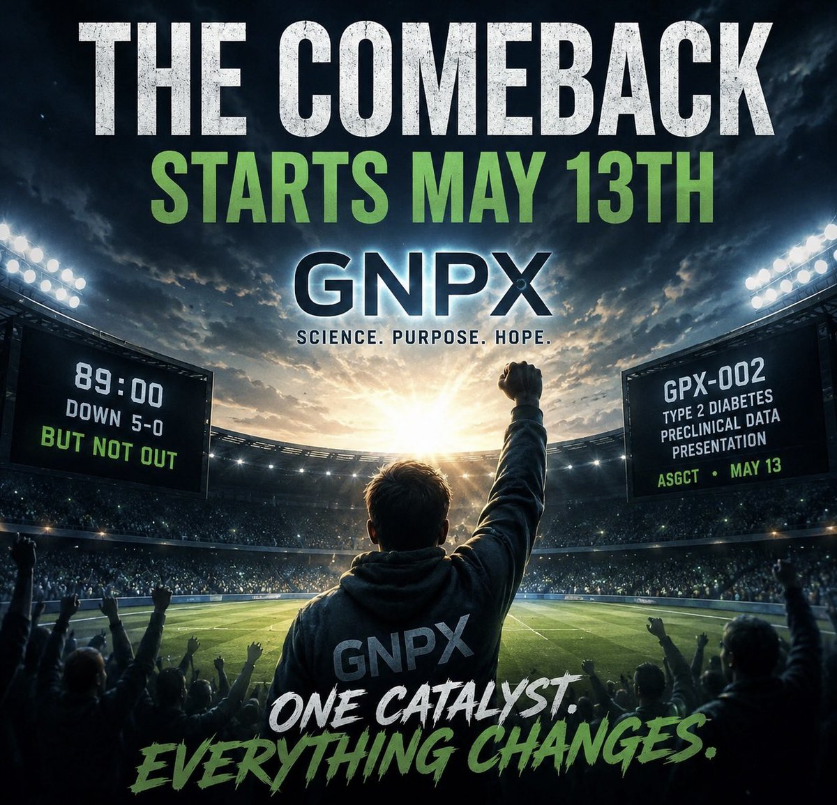 Nelson7Santos's tweet photo. $GNPX The 89th minute comeback.

Being a Genprex investor right now feels exactly like being 5-0 down in the 89th minute of a cup final.

Rain pouring.  
Fans leaving the stadium.  
Manager looks finished. 😂

We are all exhausted, battered, and questioning every life decision.

But today is Wednesday May 13th, and we finally get the GPX-002 diabetes data at ASGCT.

I’m not saying it moves. I’m not saying miracles happen.

But this is one of the few real things we’ve had to watch in a while.

I’m still holding the line.

Who’s standing with me?

Drop your wildest predictions below 👀

NFA

#ASGCT2026 #GeneTherapy #Diabetes #Biotech @genprex