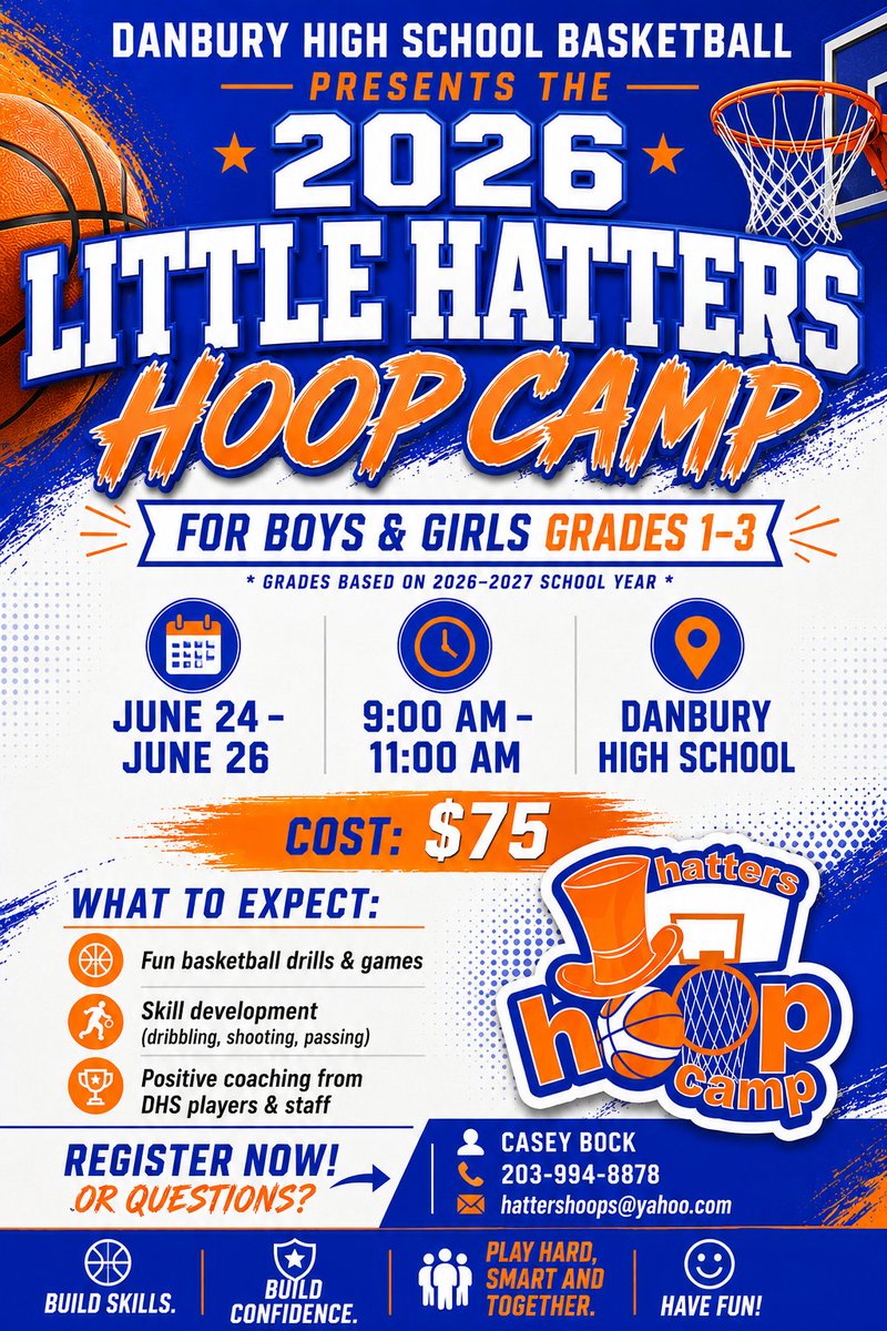 HattersHoops's tweet photo. HATTERS HOOP CAMP IS BACK AT DHS!
For more information or to reserve a spot.
Contact Casey Bock at 203-994-8878 or
hattershoops@yahoo.com
https://t.co/8m5EGqdhQF https://t.co/wSOw8iA4Eb