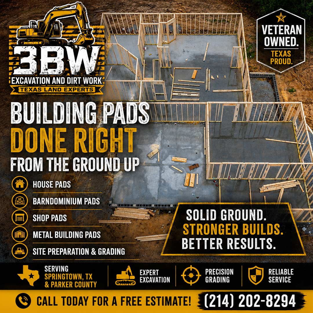 3bwdirtwork's tweet photo. Building in Springtown, TX?

3BW Excavation &amp; Dirt Work provides:
• House pads
• Barndominium pads
• Site prep
• Grading
• Dirt work

Solid ground starts here.
(214) 202-8294
https://t.co/8JDYczcUwm

#SpringtownTX #BuildingPads #Excavation https://t.co/dS7Tbs2Xum