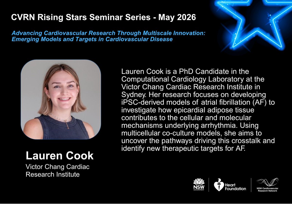 NSWCVRN's tweet photo. @NSWCVRN Rising Stars May Seminar  

Join us at VCCRI to hear Lauren Cook (VCCRI) present “Developing an iPSC model of epicardial adipose tissue-mediated atrial fibrillation”

📅 Thu 14 May |📍VCCRI      

Register: https://t.co/70fhA5RQWt https://t.co/WgY2pQz12B