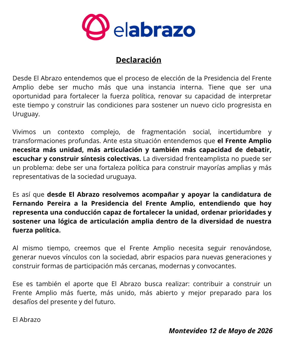 ElAbrazo_UY's tweet photo. Presentamos nuestra declaración de apoyo a la candidatura de Fernando Pereira a la Presidencia del Frente Amplio. Lo hacemos desde el compromiso de seguir aportando a una fuerza política amplia, participativa y colectiva. https://t.co/2lh3neJ4IS
