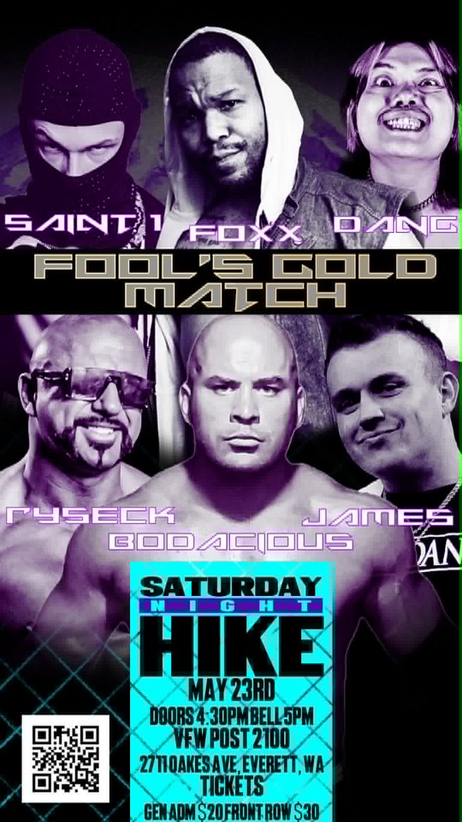 SureShotLynch's tweet photo. On 5/23, @PeakSportsPNW returns with our annual FOOL'S GOLD match!

Rules are simple - two participants start this six-man match, with new entrants every three minutes, and eliminations occurring by pinfalls or submissions.

☆ @ZebSaintOne
☆ @HLGN_NathanFoxx
☆ DUCKY DANG
☆ "The Ideal Reflection" @ChrisRyseck
☆ BODACIOUS
☆ @ChaseJames58

Who will be the last man standing and named the #1 contender for any of the #PeakSportsPNW or #DRGNPLEX championships that they choose?

Tickets our big event in Everett, WA are available NOW!    https://t.co/vwZK2mOMqB