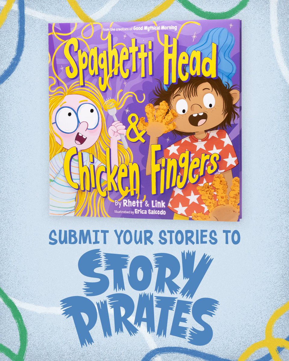 Mythical's tweet photo. We've teamed up with Story Pirates to celebrate our new book, Spaghetti Head & Chicken Fingers! @storypirates is looking for original, kid-written stories about the theme “you are what you eat”. They’ll choose one story to adapt for a special Spaghetti Head & Chicken Fingers-themed bonus episode of the Story Pirates Podcast and EVERY story that’s submitted will get a personal, handwritten note of encouragement from them for its kid author. Parents or guardians can send in your kids’ stories today at https://t.co/LrzCoupdhX. You can preorder Spaghetti Head & Chicken Fingers now at https://t.co/6sfGoyexde