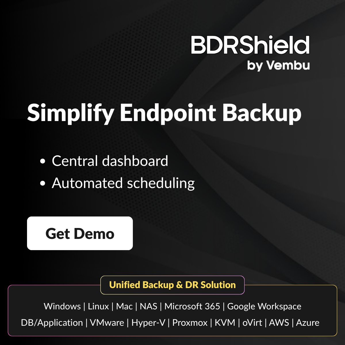 vembutech's tweet photo. Reduce manual effort and eliminate backup blind spots. Centrally manage all endpoint backups with flexible scheduling, retention policies, and automated protection.
Learn more: https://t.co/yvzPQjvUkj
#EndpointBackup #RansomwareProtection #CyberResilience #ImmutableBackup #BusinessContinuity