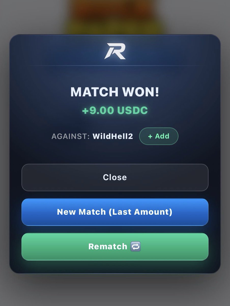 RCADYAGaming's tweet photo. When a match is over:

A Popup shows and you have 3 options:

• Close = Go back to RCADYA Home Page.

• New Match (Last Amount) = Starts the matchmaking to search another active player using the same amount of the last match (if you run out of it you’ll be advised). https://t.co/TQCH4UbaUS