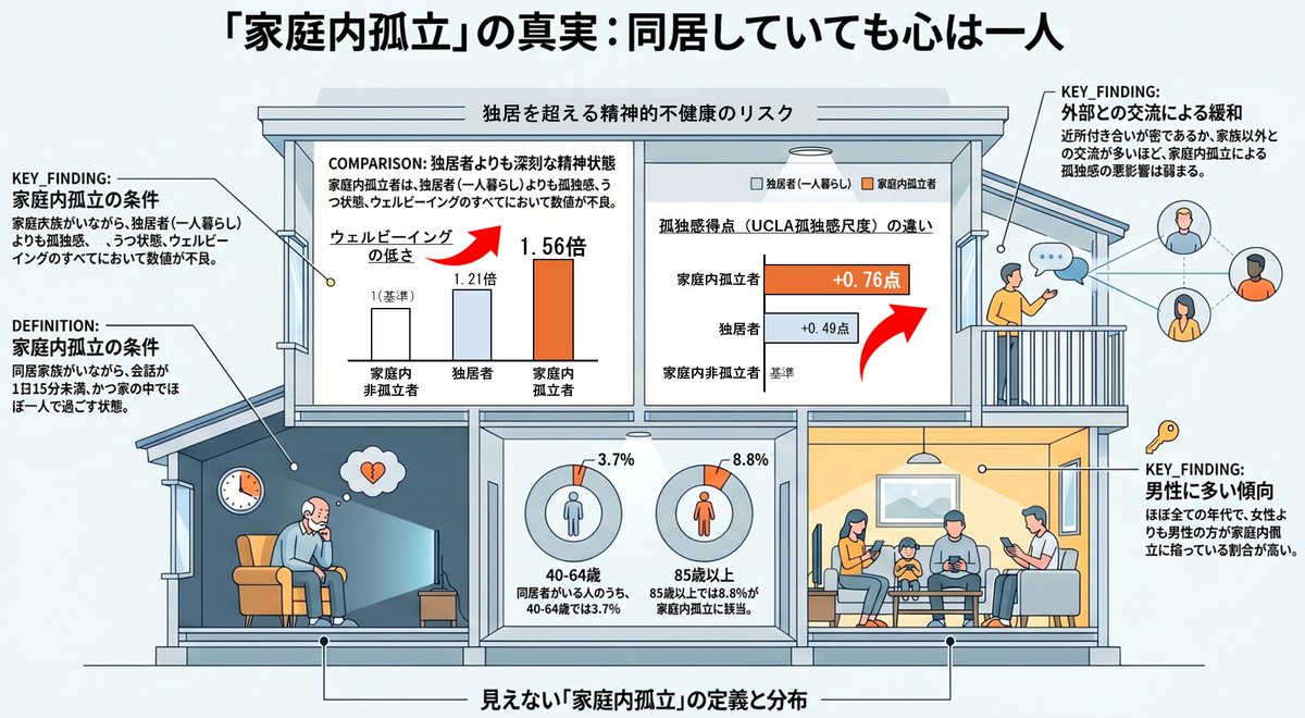 tmghig's tweet photo. ＜プレスリリース＞「同居家族がいるから安心」とは限らない 家庭内孤立と精神的健康の関連を解明
本件は、同居家族がいるのに家族と交流を持てていない高齢者が存在することに着目し、「家庭内孤立」という概念を提唱し、精神的健康との関連を調べた成果です。
詳細👇
https://t.co/C4bqfwwUnZ https://t.co/VO8mmeB9ZD