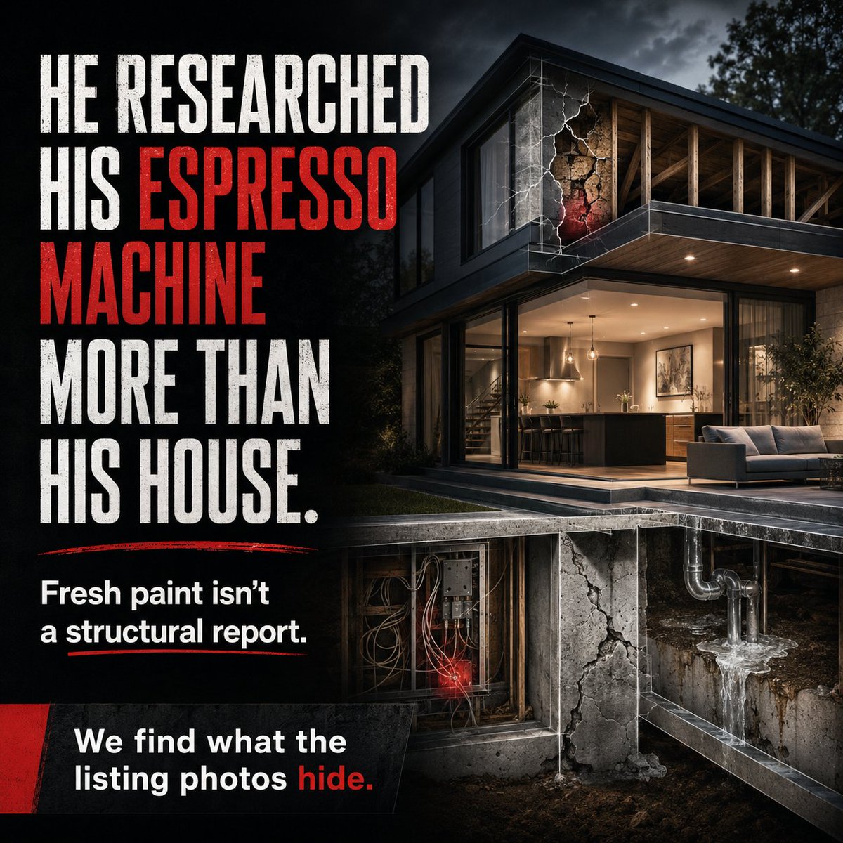 360nerds's tweet photo. I watched a guy buy a $900 espresso machine because TikTok told him “good coffee changes your life.”

Same guy almost skipped the home inspection on a $720,000 house because “the place looked clean.”

That is buyer logic in 2026.

People will research a blender for 11 days, read 400 Reddit comments about air fryers, compare Bluetooth speakers like they’re buying missile defense systems…

Then they’ll walk through a house for 19 minutes, see fresh paint, smell lemon cleaner, and say:

“Yeah, looks solid.”

Brother.

Fresh paint is not a structural report.

A vanilla candle is not moisture testing.

A staged kitchen is not proof the electrical panel isn’t from the Cold War.

This is why home inspection companies need better marketing.

Because your job is not just “checking houses.”

Your job is stopping people from making the most expensive emotional decision of their life while they’re high on granite countertops and natural light.

That’s the angle.

Stop selling “certified home inspections.”

Start selling:

“We find the problems the listing photos hide.”

That hits harder.

Because nobody wakes up excited to book an inspection.

They book one because they’re scared of getting screwed.

Market to that.