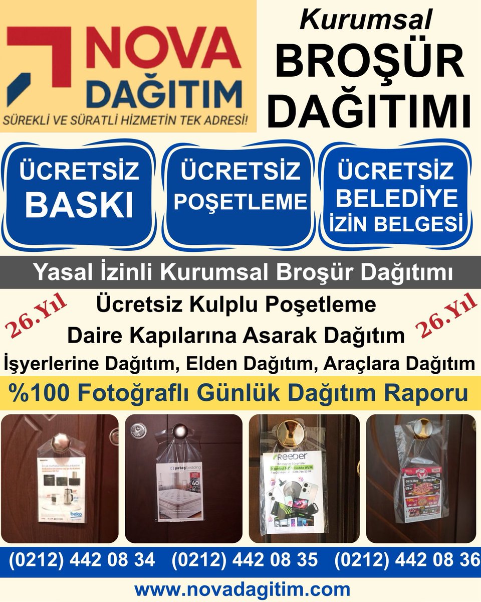 NovaKurye's tweet photo. ✔ Kurumsal Broşür Dağıtımı│25.Yıl
▪️Yasal İzinli Broşür Dağıtımı
▪️Ücretsiz Kulplu Poşetleme
▪️Daire Kapı Dağıtımı
▪️%100 Fotoğraflı Günlük Dağıtım Raporu!
▪️Detaylı Fiyat Teklifi İçin Arayın!

📞(0212) 442 08 34
📞(0212) 442 08 35
📞(0212) 442 08 36
🌐https://t.co/yId9olhdxS https://t.co/9gAn9a85Vx