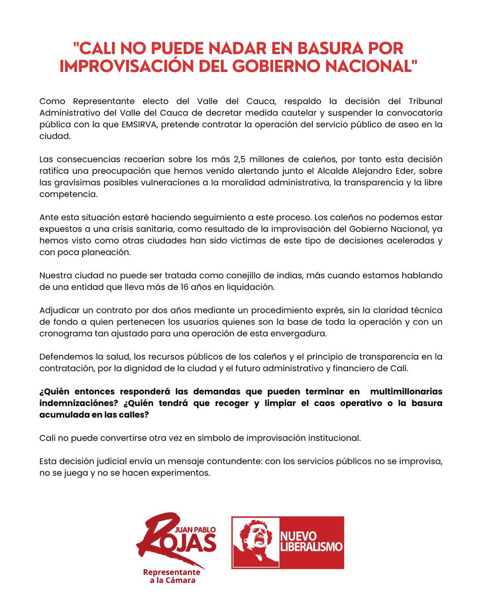juanpabloroj's tweet photo. #ComunicadoDePrensa | El Tribunal Administrativo del Valle del Cauca suspendió provisionalmente la convocatoria pública que pretendía adjudicar de manera exprés la operación del servicio público de aseo.

Esta decisión le da la razón a los cuestionamientos que desde esta representación y @alcaldiadecali, junto al alcalde @alejoeder, venimos advirtiendo sobre el limbo técnico, jurídico y sanitario que rodea este proceso, y las graves consecuencias que podría enfrentar la ciudad si se adjudica sin las claridades y garantías pertinentes.