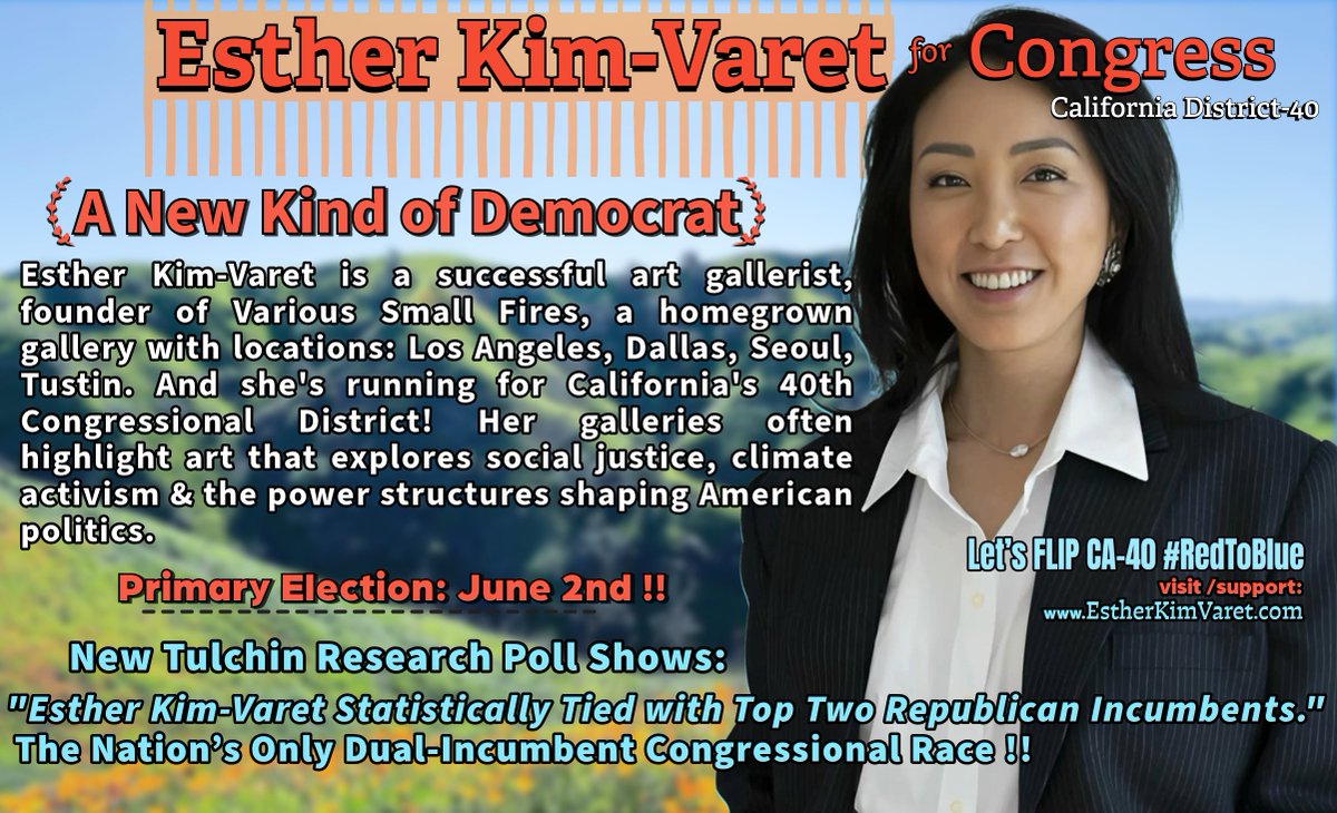 animaeme's tweet photo. @estherkimvaret @integritypac @stockingthecap Esther Kim-Varet's #CA40 district has 2-Repub incumbents running
Tullchin poll: Esther is the Dem FRONT-RUNNER by a wide margin!
CA primary system: Top 2-candidates advance to general election regardless of party
FLIP #RedToBlue
VOTE Esther Kim-Varet
🔗https://t.co/dsIRfYtgQ9 https://t.co/4mL2NfIARm