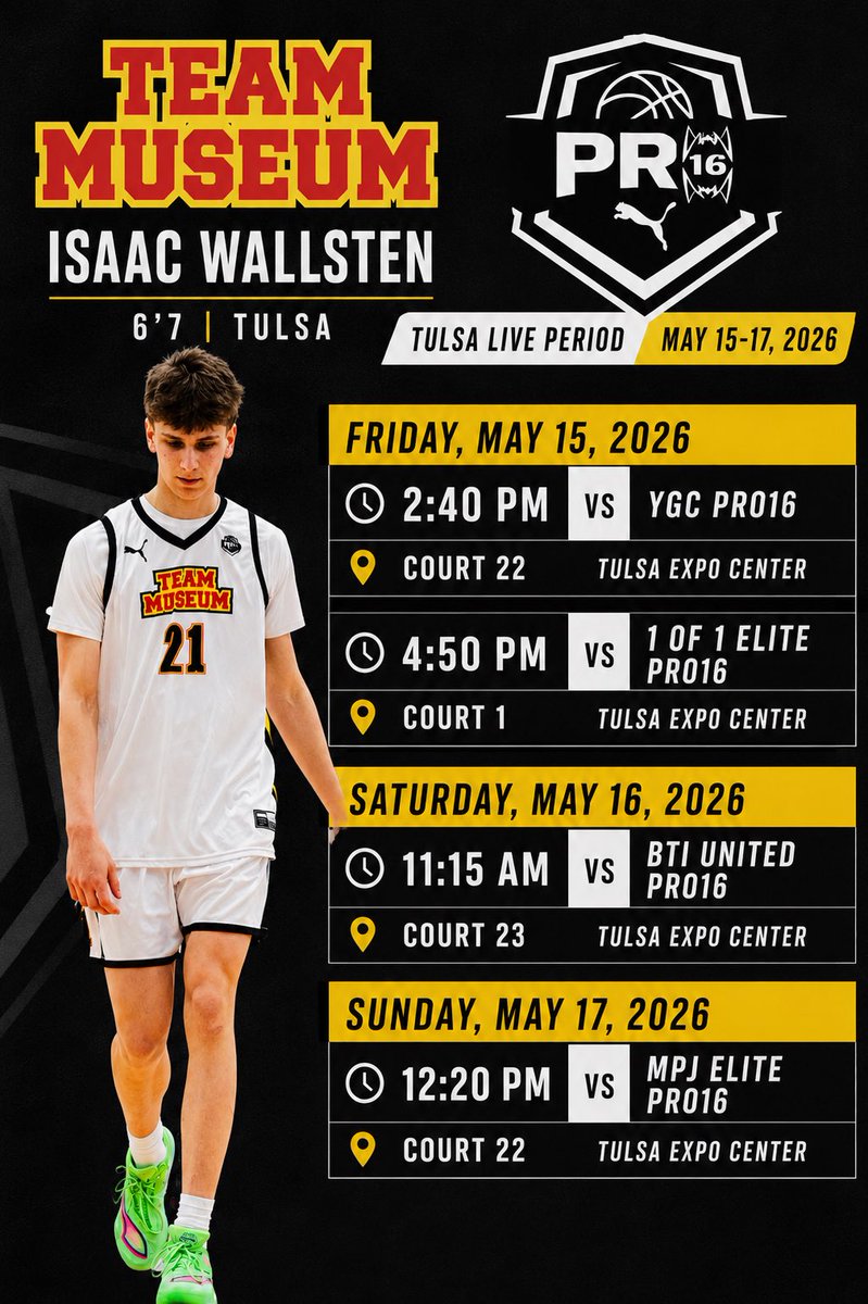 IsaacWallsten's tweet photo. New schedule for this weekend in Tulsa for the Pro16 live period! @stalbans_bball @DerekSpanellis https://t.co/9Plowh3rwM