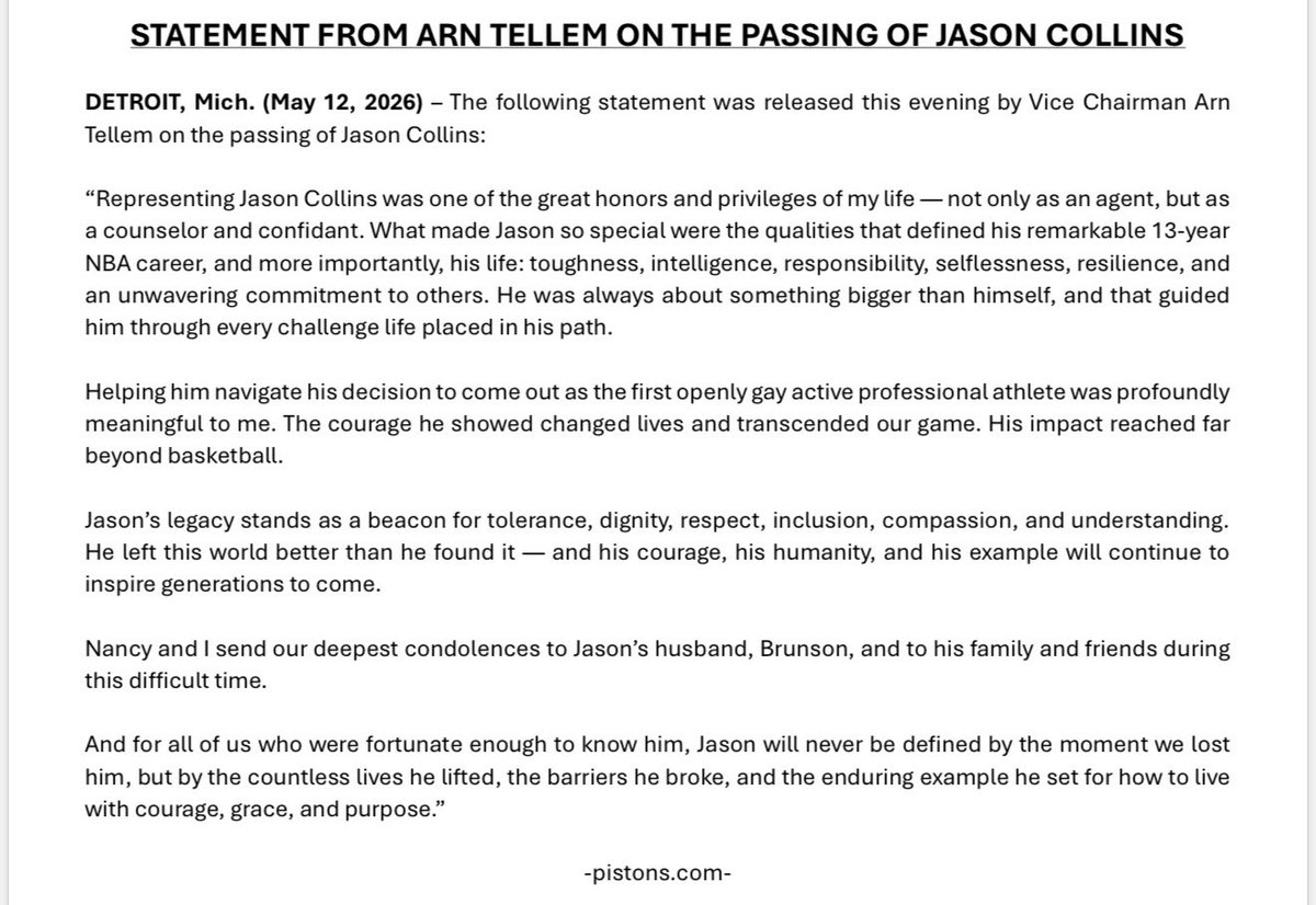 Pistons_PR's tweet photo. Statement from Vice Chairman Arn Tellem on the passing of Jason Collins: https://t.co/kSuMfFRFG0