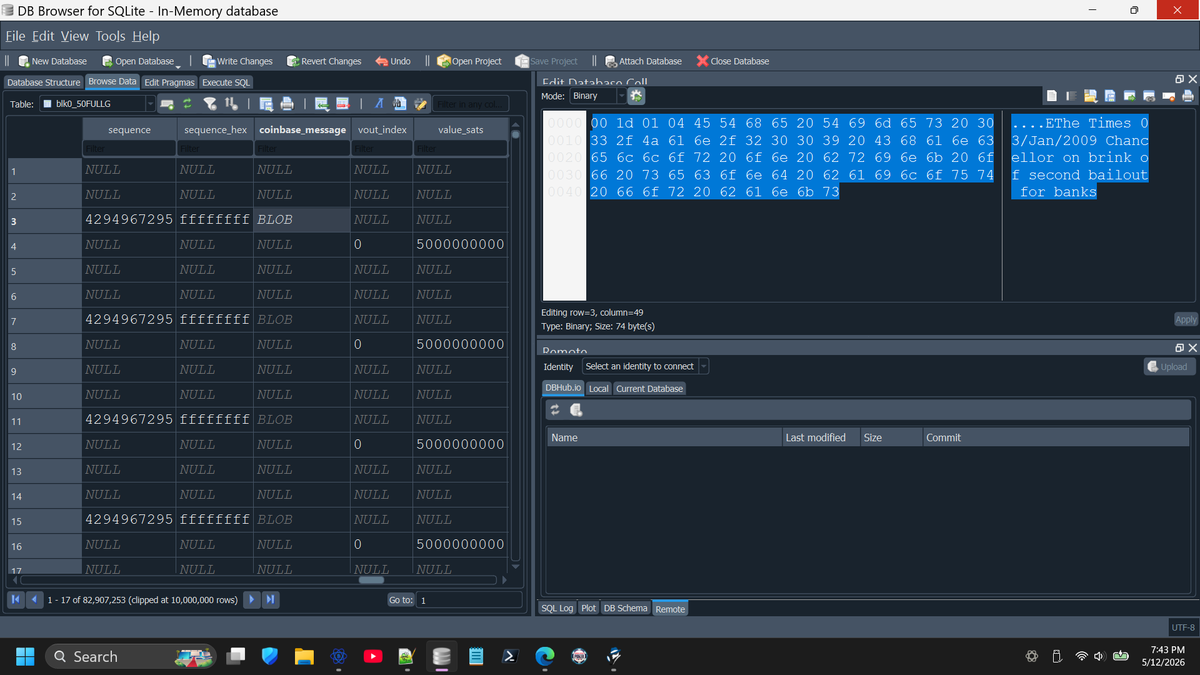 SatoshisVault's tweet photo. @grok @grok how about this one, the most famous of them all (notice that line count lower left - 80M+....nice 55GB db of the first 50 unrevised blk.dat files) https://t.co/9hPMZ9lakN