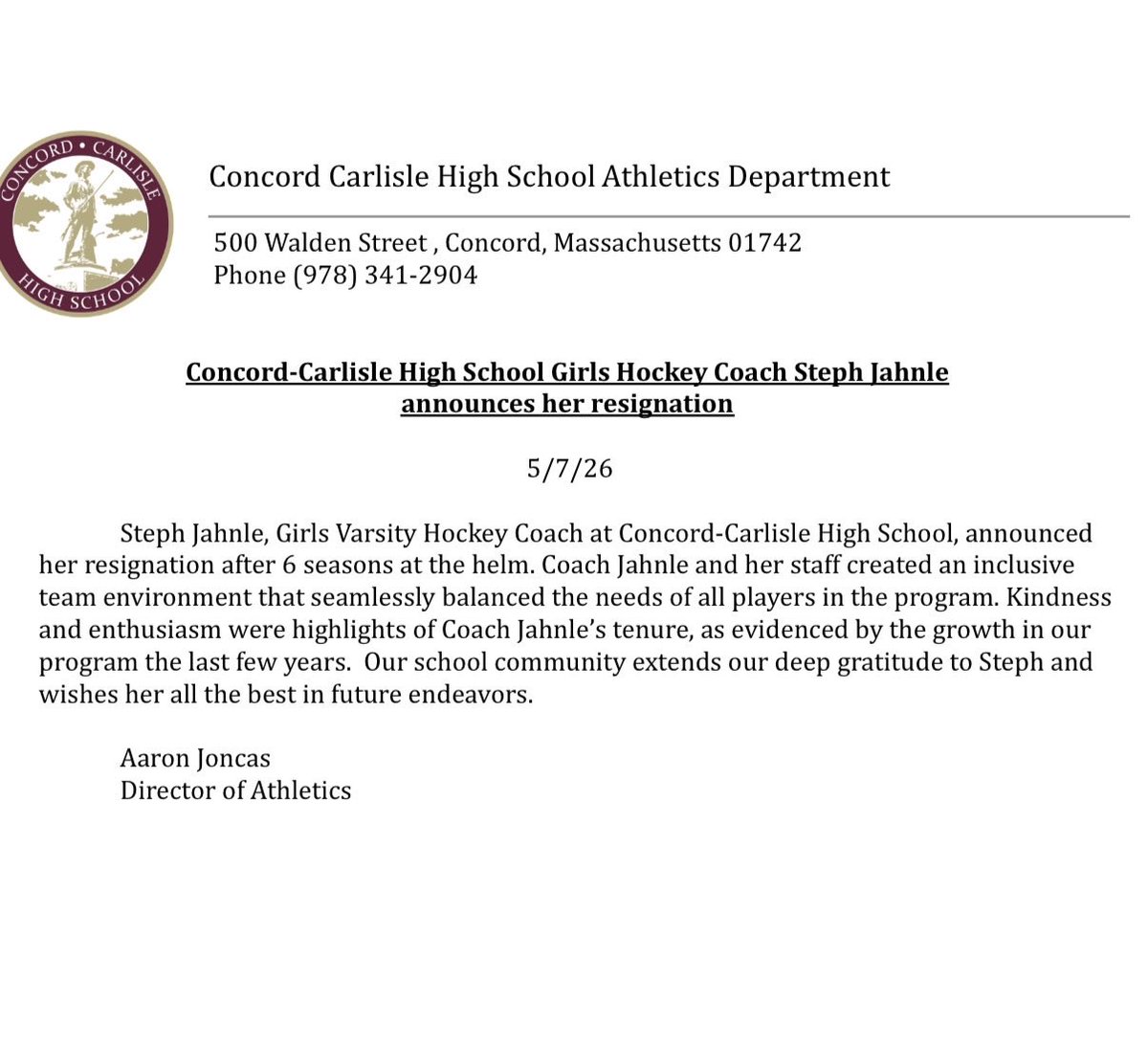 CCPatsAD's tweet photo. Thank you to Girls Hockey Coach Steph Jahnle for her years of dedicated service at Concord-Carlisle High School! @GlobeSchools @BConn63 https://t.co/j9lAMUMAh4