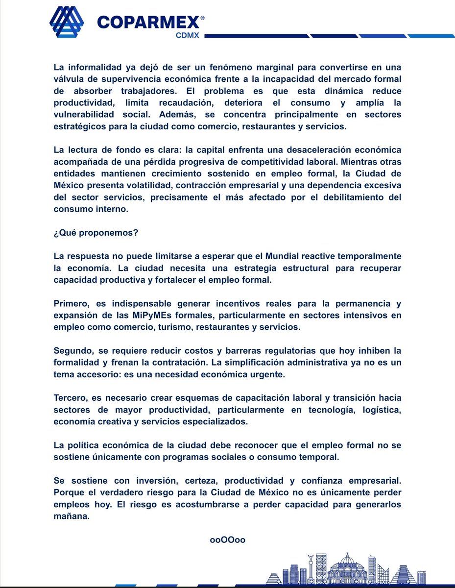 Coparmex_CDMX's tweet photo. Entre enero y abril de 2026, la Ciudad de México perdió más de 62 mil empleos formales y 916 patrones registrados ante el IMSS, mientras la informalidad ya alcanza al 45.7% de la población ocupada.
Desde COPARMEX CDMX advertimos que la capital enfrenta una limitante estructural. https://t.co/KmqatHEt0k