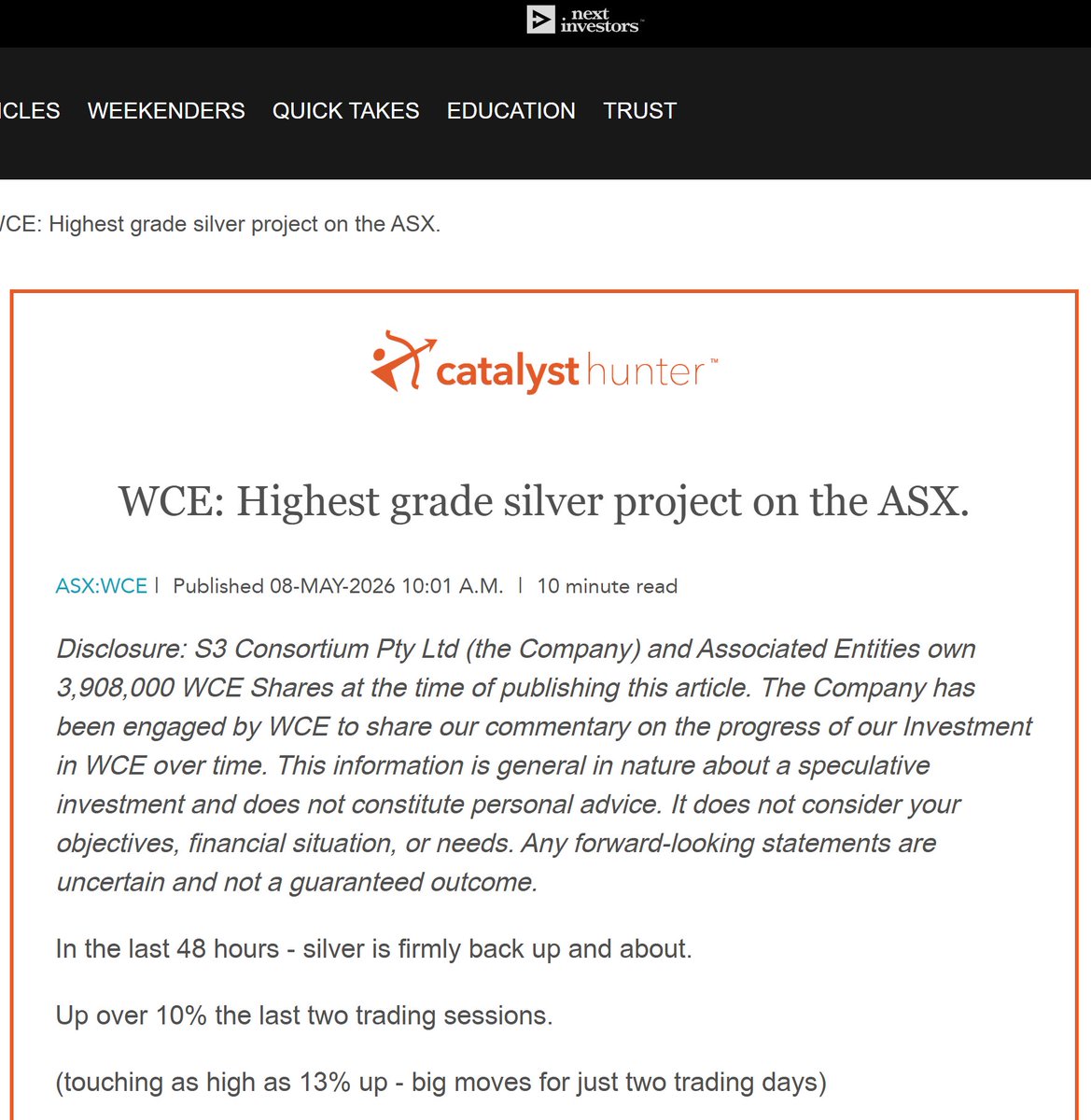 wcsilver_'s tweet photo. West Coast Silver (ASX: $WCE) is gaining attention as silver momentum builds.

A new @NextInvestors article highlights WCE’s Elizabeth Hill Project as the highest-grade silver project on the ASX, with a maiden JORC Resource of 2.8Moz Ag at ~617g/t and drilling now underway to test extensions and nearby targets.

With a granted Mining Lease, nearby infrastructure and a Scoping Study expected to commence in Q4 2026, WCE is focused on advancing Elizabeth Hill toward a potential high-grade, low-tonnage development pathway.

🗞️Read the article: https://t.co/HiIU4vAdi6

#WCE #ASX #Silver #ElizabethHill #Mining