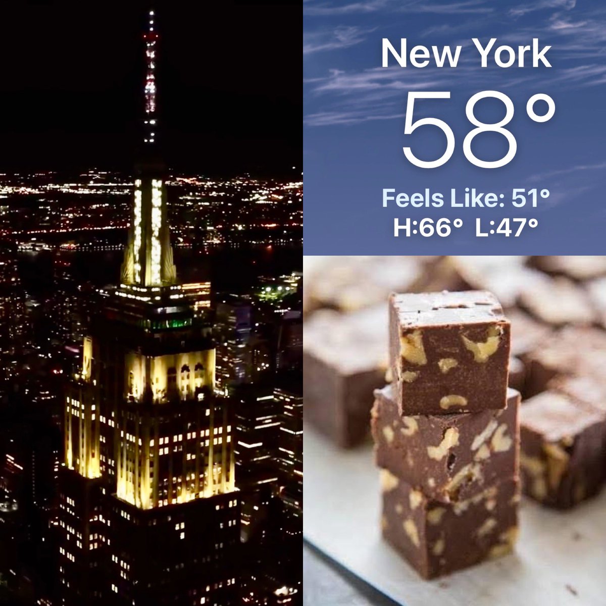 CorinnePulitzer's tweet photo. Sunset was at 8:04PM on this chilly Tuesday in #NYC with clouds & temps reaching into the low 60s tomorrow. The @EmpireStateBldg is lit in Signature White as #SweetsFans celebrate #NationalNuttyFudgeDay🍫@NatioDayCal @NY1weather @HeyWhatDay @DiningGuide2Day https://t.co/4ckgzppzxh