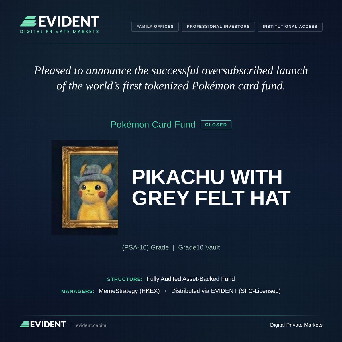 fmspiegl's tweet photo. Some of the most interesting allocations sit outside the barbell: AI on one end. HALO on the other. Culture in between.

World's first tokenized Pokémon card fund — by @MemeStrategy  — closed oversubscribed on @EvidentCapital .

Truly alternative! https://t.co/oooedi1d8D