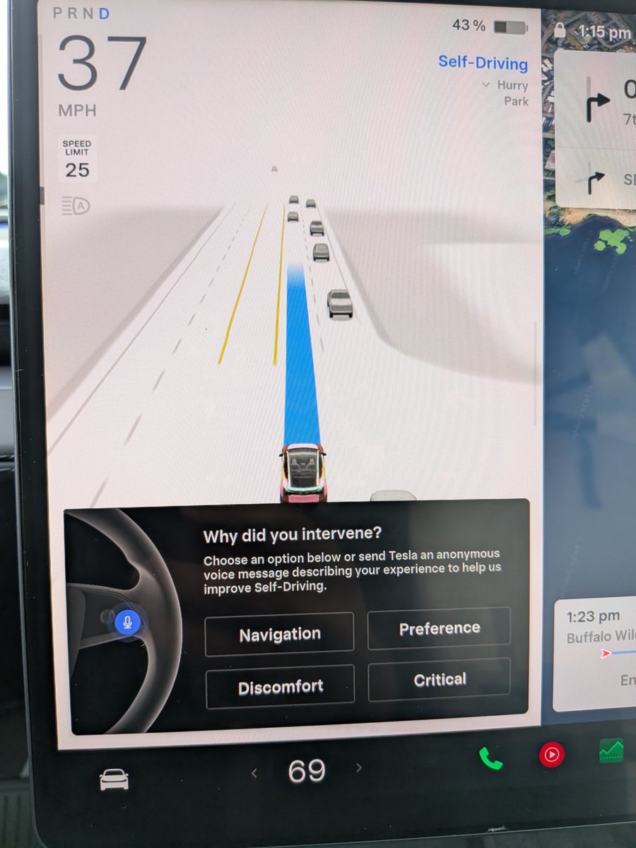 floatingDesi's tweet photo. @Tesla
I’m a big fan of FSD, but this disengagement popup is way too intrusive and doesn’t auto-dismiss. It’s getting annoying enough that I hesitate to engage FSD at all. Please make it auto-dismiss after 3–5 sec if there’s no interaction instead of staying stuck on screen. https://t.co/R6GdvQlHwd