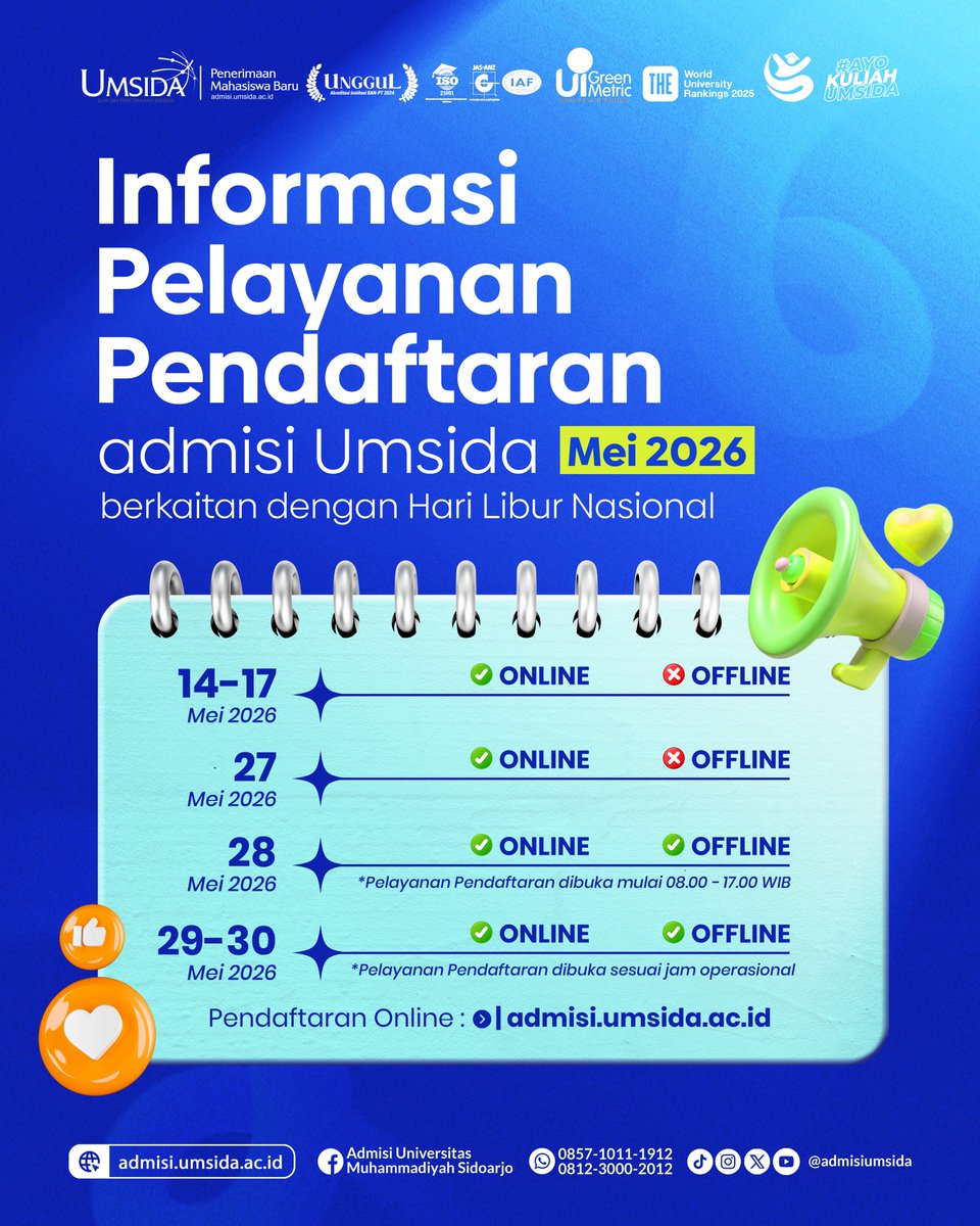 admisiumsida's tweet photo. Halo Generasi Pencerah ✨

Berikut informasi pelayanan pendaftaran Admisi UMSIDA selama bulan Mei 2026 berkaitan dengan Hari Libur Nasional. https://t.co/j88QORzJhS
